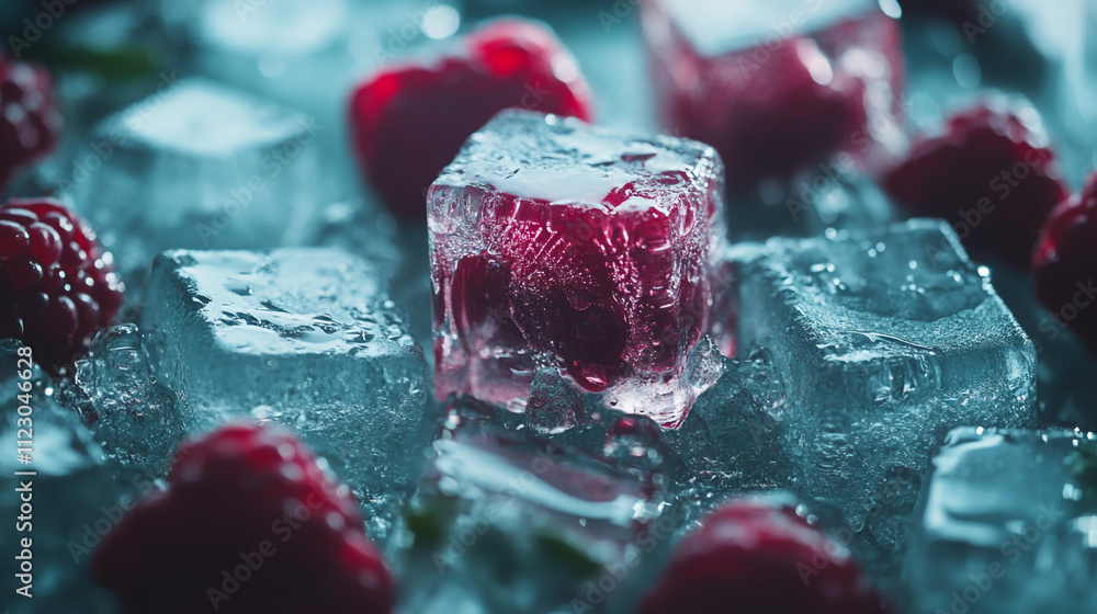 Aufkleber fresh raspberries and ice cubes create a vibrant and refreshing drink display