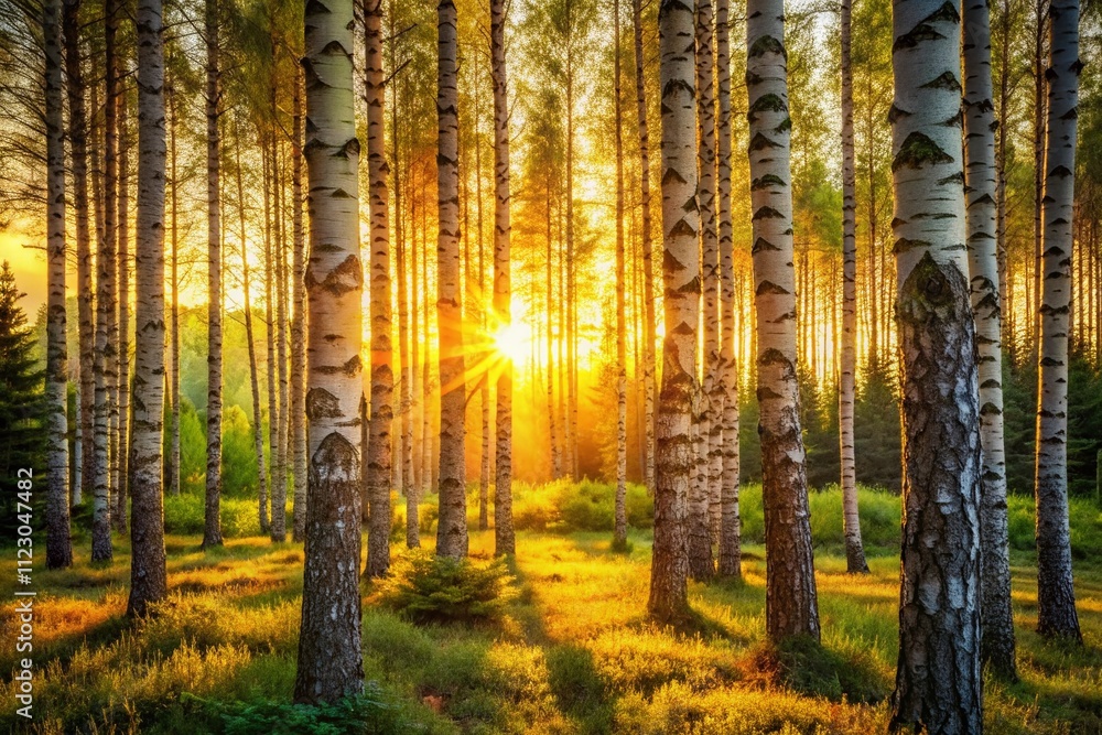 Poster serene birch trees in a pine forest during low light: captivating summer landscape at dawn or dusk w