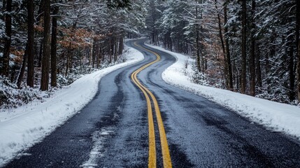 Obraz premium Snowy Winding Road in Winter Forest Cold Weather Drive Scenic Route