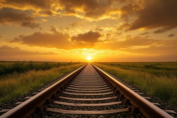 Fototapeta premium Railroad tracks stretching into the horizon at sunset