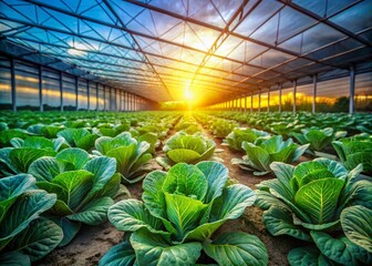 Fototapeta premium Serene Cabbage Field Under a Greenhouse with Ethereal Low Light Atmosphere and Fresh Vegetable Growth Amidst a Tranquil Farm Landscape