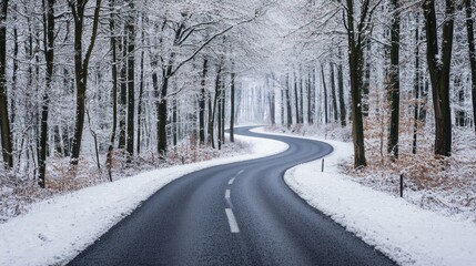 Winding Snowy Road Through Winter Forest Scenic Drive