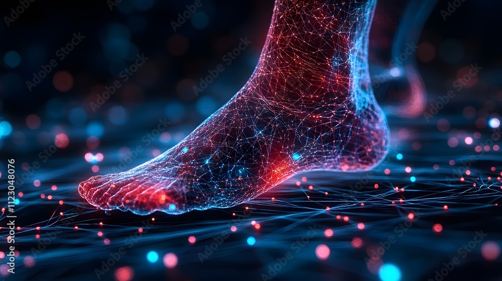 Poster foot highlighted with a red glowing network, symbolizing pain or nerve tracing in a high-tech futuri