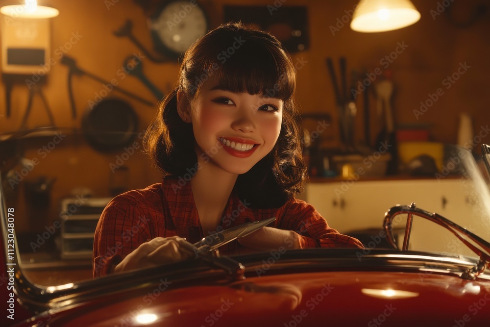 Poster confident mechanic smiling while fixing engine of vintage car in cozy workshop with tools and warm l