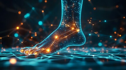 Blue glowing foot with a detailed wireframe design, illuminated in a high-tech digital network concept