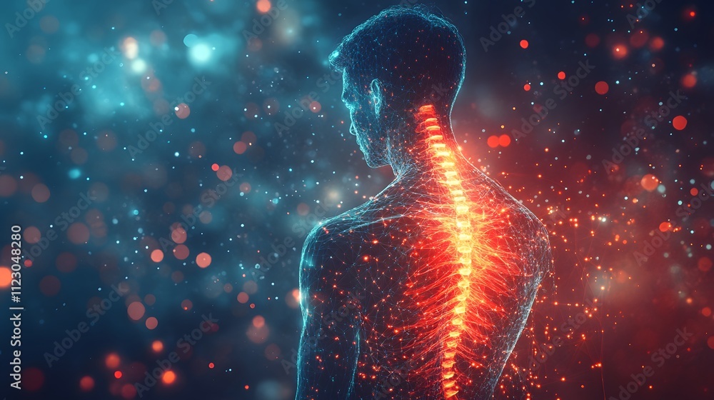 Poster depiction of the human neural system focusing on a glowing red spinal cord, surrounded by a futurist