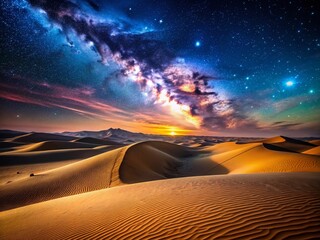 Naklejka premium Serene Desert Nightscape with Majestic Dunes and Clear Starry Sky, Perfect for Tranquil and Natural Imagery, Evoking Calmness and Peaceful Wilderness Experiences