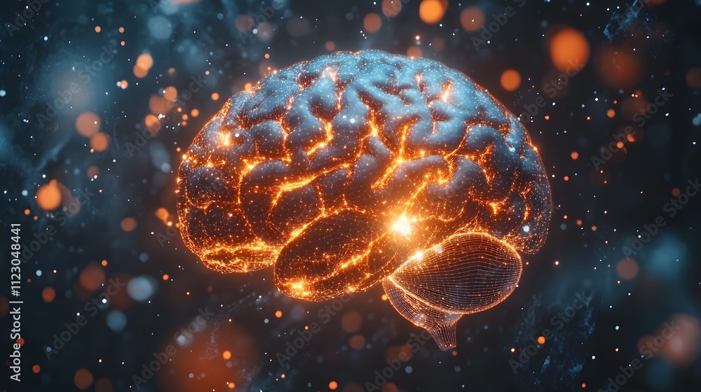 Poster a close-up view of the human brain with glowing orange neural pathways depicted in an abstract digit