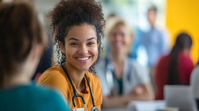 Busy community health fair with volunteers measuring blood pressure and glucose levels, vibrant signage promoting preventive health visible behind smiling participants