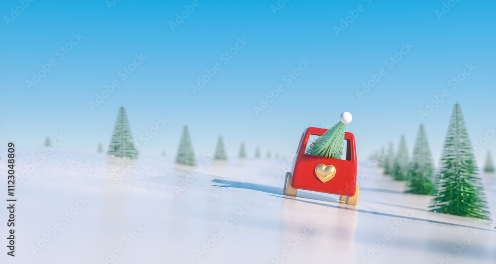 Poster 3d christmas background with red toy car on snow landscape. 3d rendering