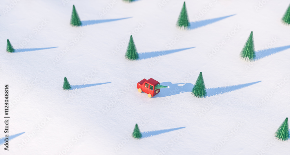 Aufkleber 3d christmas background with red toy car on snow landscape. 3d rendering