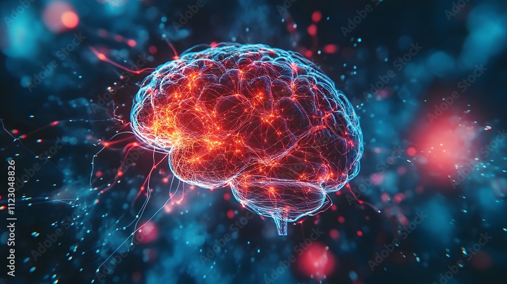 Aufkleber human brain highlighted with glowing neural pathways and surrounded by a vibrant network of digital 