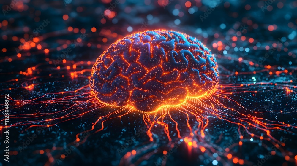 Poster glowing brain surrounded by neural pathway and electric light depicting advanced neural activity in 