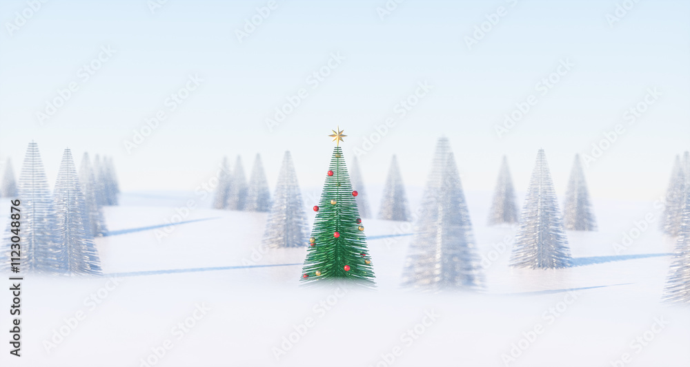 Poster 3d christmas background with decorated christmas tree on snow landscape. 3d rendering