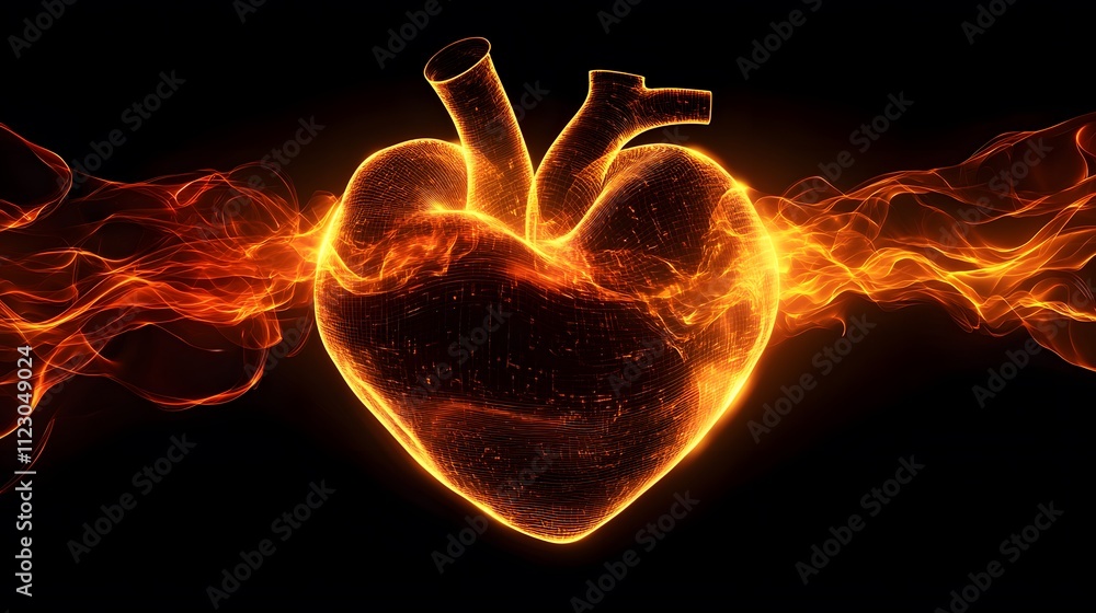 Poster dynamic representation of a glowing heart radiating fiery orange energy, creating a captivating and 