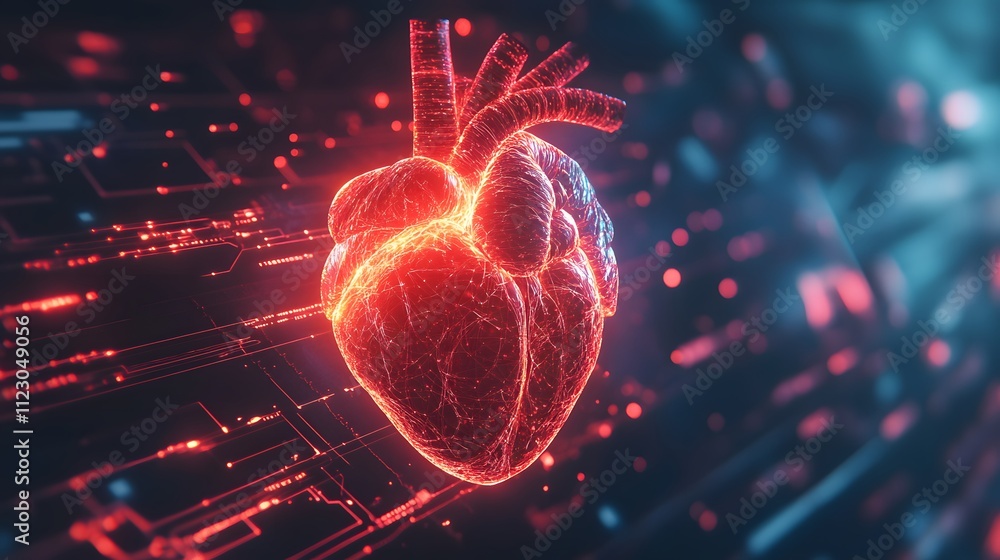 Poster digital design of a heart surrounded by red glowing detail and futuristic networking effects, repres