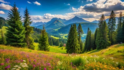 Serene Fir Forest Landscape in Abetone Mountains During Summer, Showcasing Lush Greenery and Majestic Views of Tuscany, Italy's Natural Beauty in Vibrant Colors