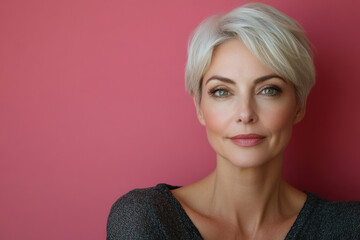 Portrait of smiling middle aged woman on color background. Attractive caucasian woman on pink background. Generated AI