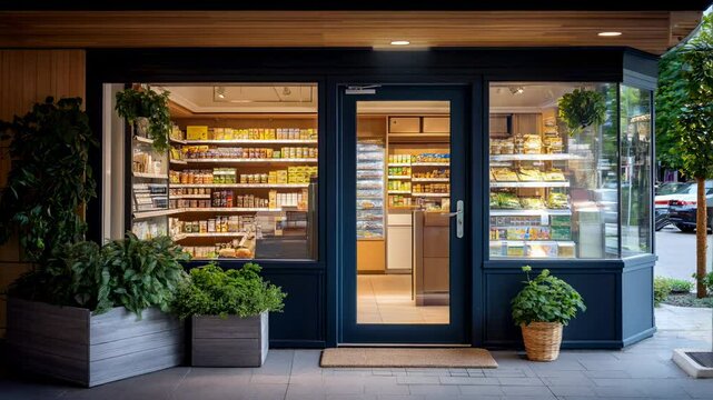 Grocery Store Entrance Storefront Facade Displaying Fresh Produce and Goods