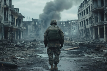 Soldier on damaged city background. Ukrainian military man on battlefield. Defender in city after Russian missile attack. Russian-Ukrainian war concept. Generated AI