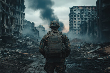 Soldier on damaged city background. Ukrainian military man on battlefield. Defender in city after Russian missile attack. Russian-Ukrainian war concept. Generated AI