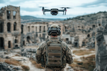 Soldier using drone during military operation in damaged city. Drone operator on war. Generated AI