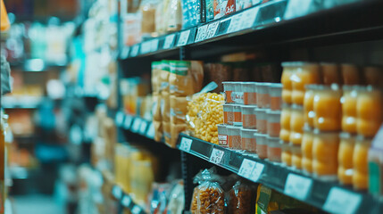 Fototapeta premium Supermarket aisle filled with various groceries and packaged foods for shoppers
