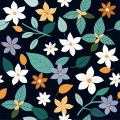 Dark background seamless pattern with various flowers and leaves in pastel colors.