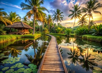 Fototapeta premium Serene Long Exposure of a Traditional Balinese Front Yard Garden Featuring a Wooden Pathway, Lotus Pond, and Lush Tall Palm Trees in Tranquil Nature Setting