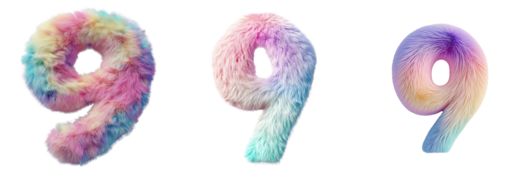  Furry textured number nine in vibrant colors on a transparent background