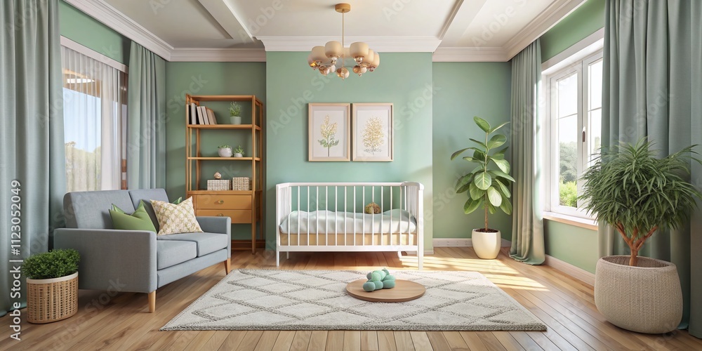Poster Serene Minimalist Nursery with Simple Crib and Muted Colors, Perfect for a Calm and Cozy Baby Environment, Emphasizing Soft Textures and Subtle Design Elements