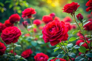 Obraz premium Serene Minimalist Outdoor Shot of a Vibrant Rose Garden with Red Background, Capturing the Essence of Nature's Beauty and the Elegance of Rose Flowers in Bloom