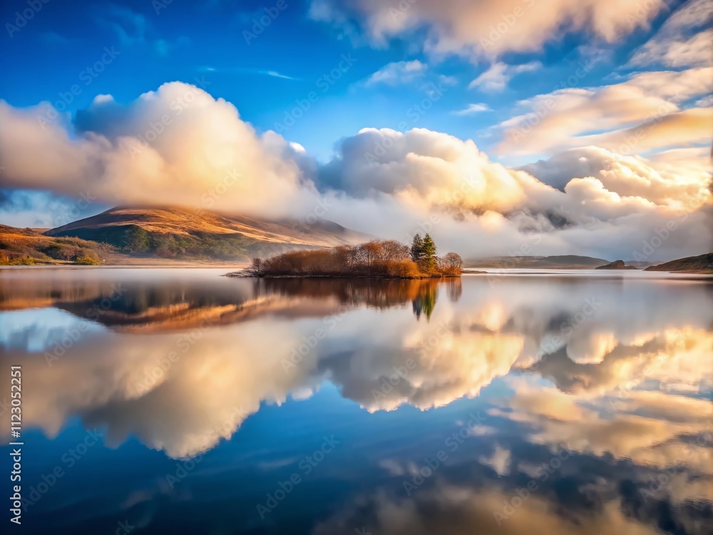 Poster serene minimalist photography of inversion over loch awe with soft clouds and tranquil reflections i