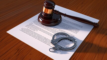 Law constitution concept. A gavel rests on a sheet of legal documents alongside handcuffs, symbolizing justice and the legal system.