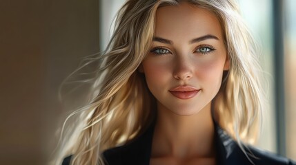 Fototapeta premium Stunning Blonde Woman Portrait: Captivating Gaze and Effortless Beauty