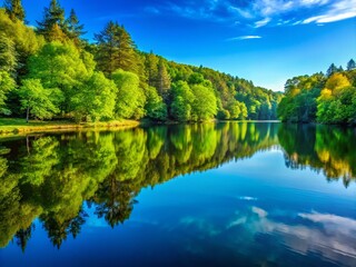 Serene Panoramic View of a Tranquil Lake Surrounded by Lush Forests Under a Clear Blue Sky, Perfect for Nature Lovers and Scenic Landscapes