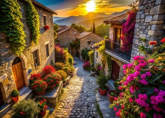 Naklejka premium Serene Pathway Through a Stone Village Lined with Colorful Flowers and Charming Architecture on a Bright Sunny Day, Perfect for Travel and Landscape Photography