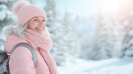 A woman in winter hat and jacket in the forest with a backpack, pastel pink and gray tones