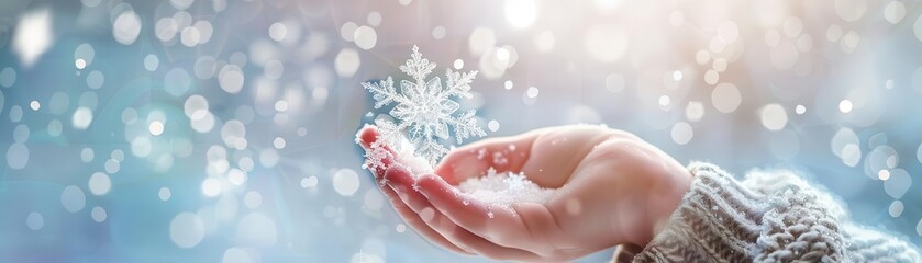 Fototapeta premium A cozy hand in a knitted sleeve holds a delicate snowflake, surrounded by sparkling bokeh and falling snow in a magical winter setting.