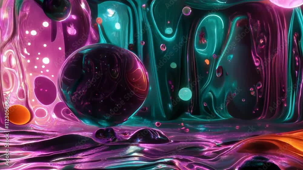Poster metallic liquid flows and forms abstract shapes, illuminated by vibrant orange and purple neon light
