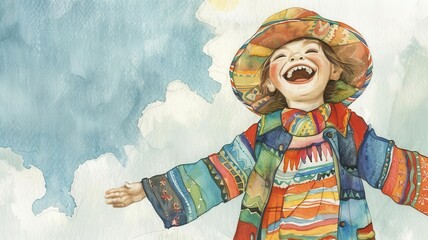 A vibrant watercolor painting of a laughing child wearing a colorful hat and coat, arms outstretched under a bright, cloudy sky. 