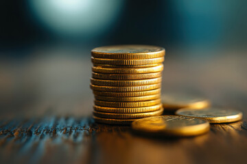 Stacks of golden coins on blurred background. Saving money and investment concept. Generated AI