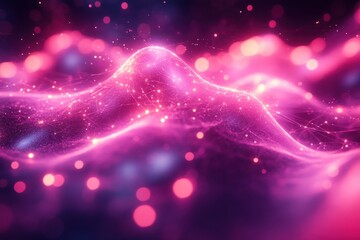 Obraz premium Abstract waves of pink light with sparkling particles create a dynamic visual effect.