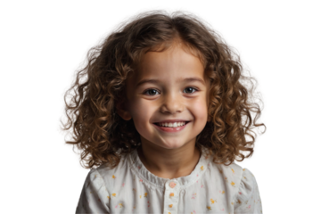 Studio portrait of a cute happy little girl with a beautiful smile isolated on transparent png background.