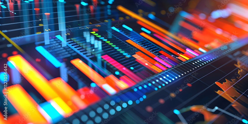 Poster abstract digital visualization of data trends and statistics with vibrant colors.