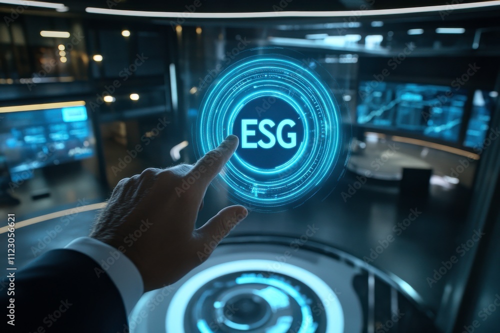 Poster executive interacting with holographic esg icon in futuristic business environment surrounded by bus