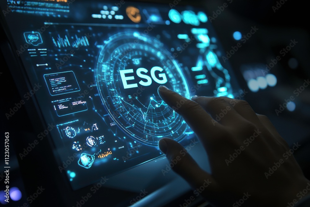 Poster executive interacting with holographic esg interface featuring business charts and graphs in a high-