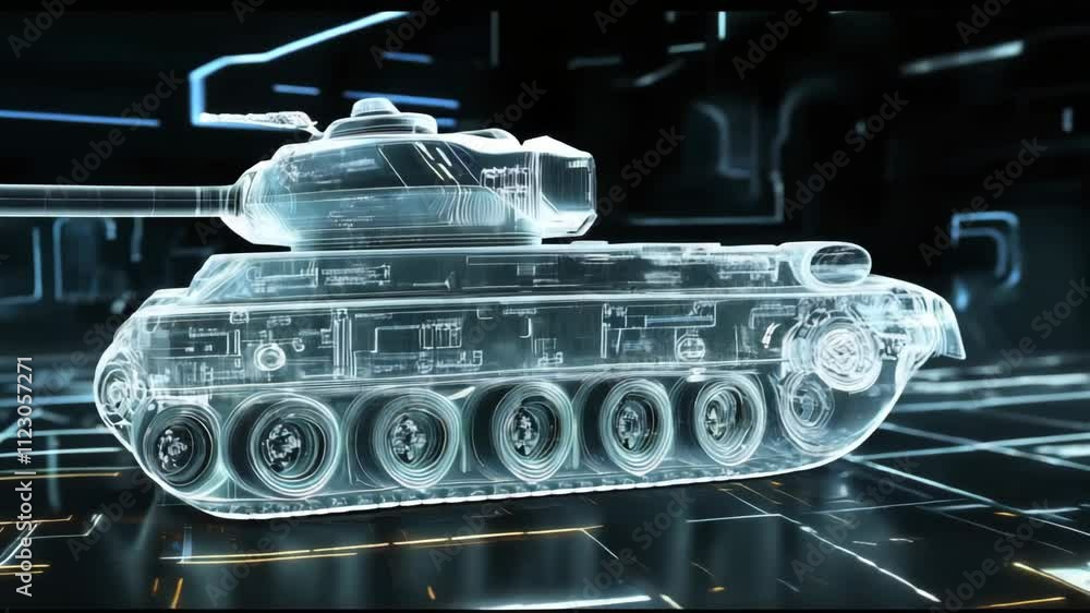 Poster glass-like futuristic battle tank with visible internal components is slowly rotating on a dark plat