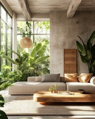minimalist living room with sustainable materials, natural wood accents, eco-friendly textiles, abundant natural light, lush green plants