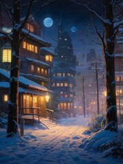 a panoramic view of a snowy village night
